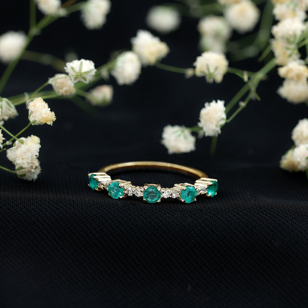 Emerald Half Eternity Ring – Diamond Wedding Band With Sparkling Accents