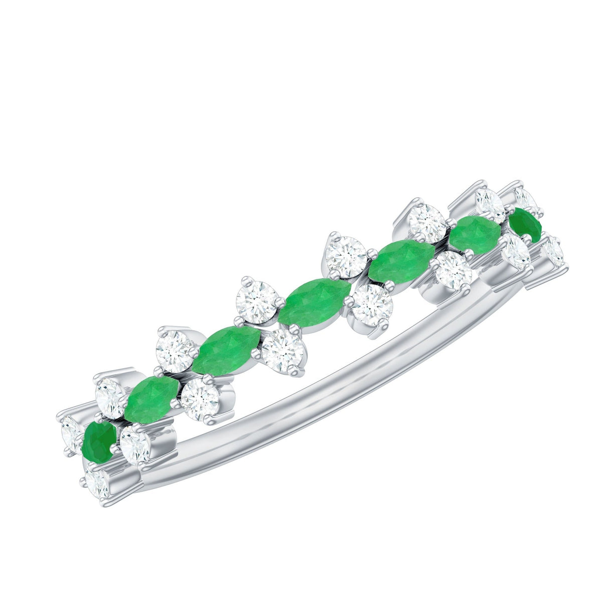 Emerald Half Eternity Ring - Genuine Green Emerald & Diamond Band for Women