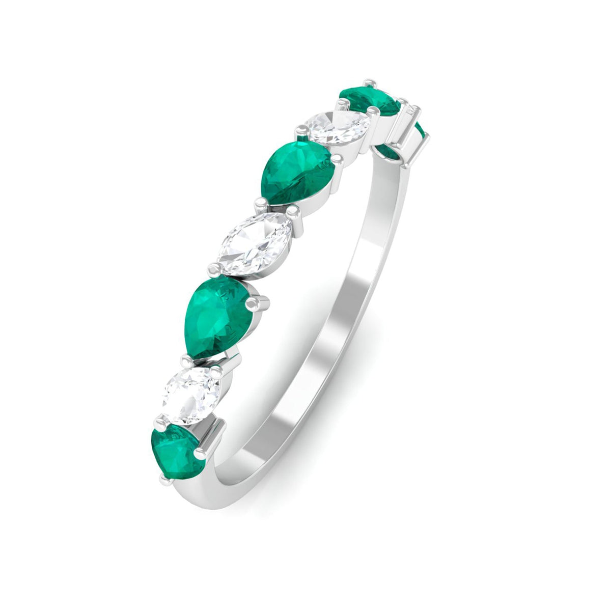 Emerald Half Eternity Ring – Pear Shape Emerald East West Prong Setting Band