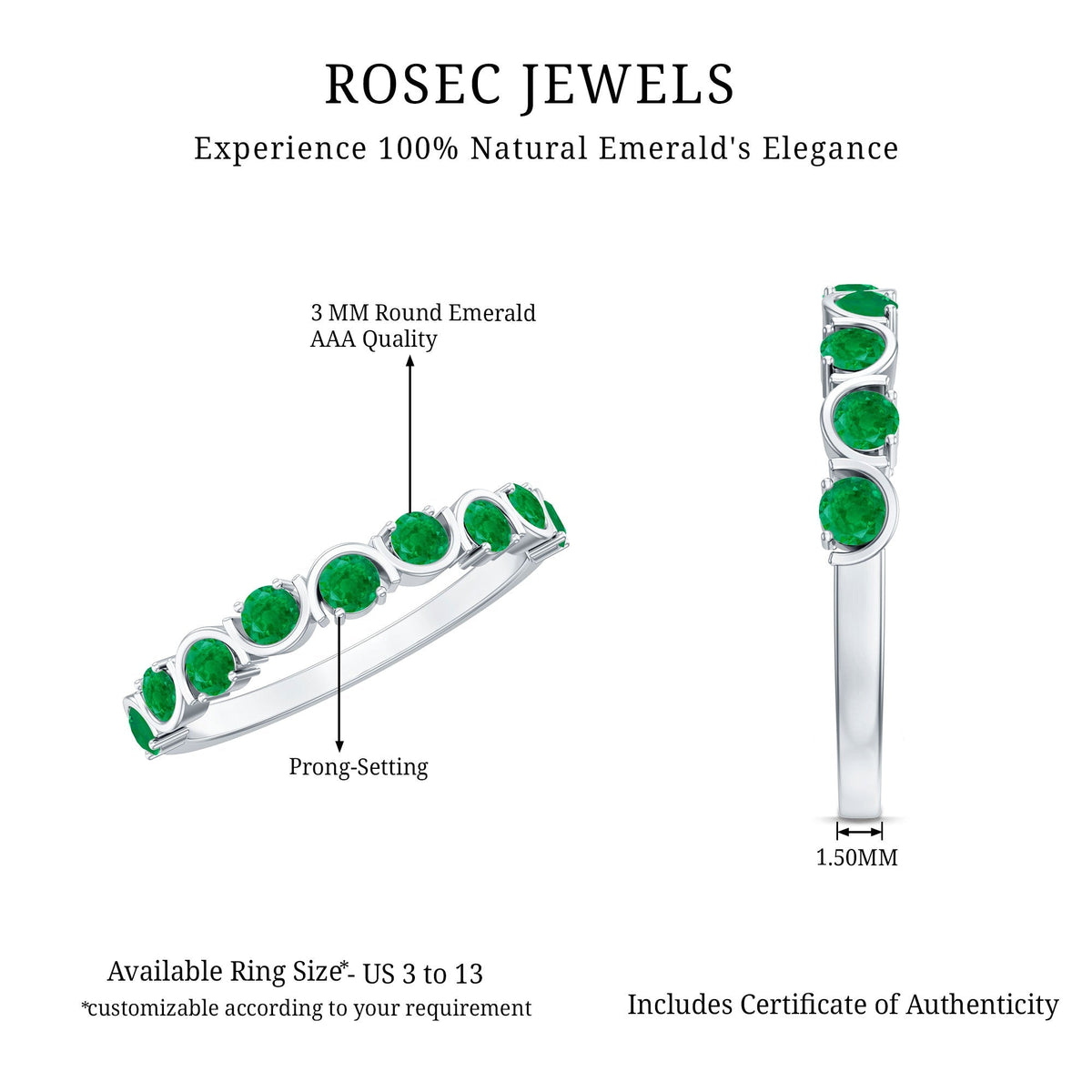 Emerald Half Eternity Ring – Stackable Green Gemstone Band With AAA Quality Emerald