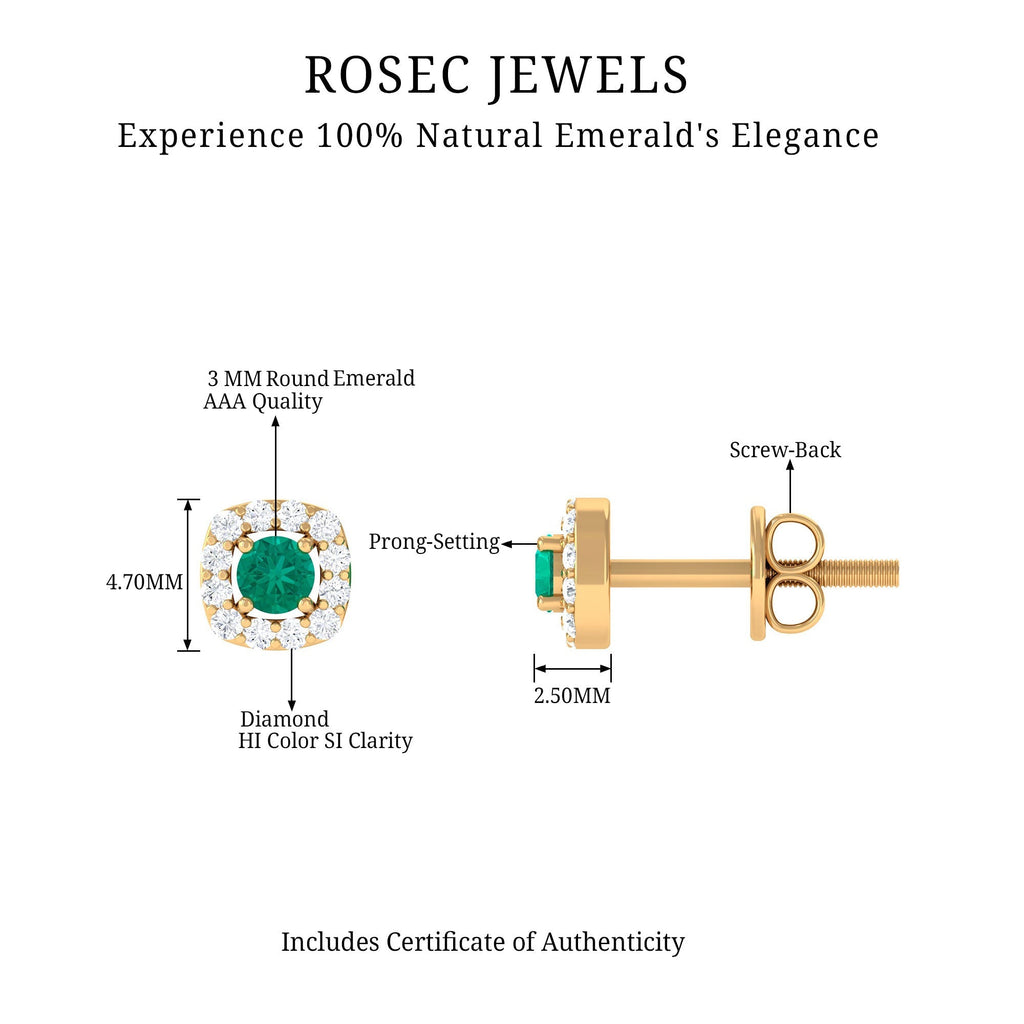 Emerald Halo Earrings – 3mm AAA Quality Emerald Studs with Diamond Halo Setting