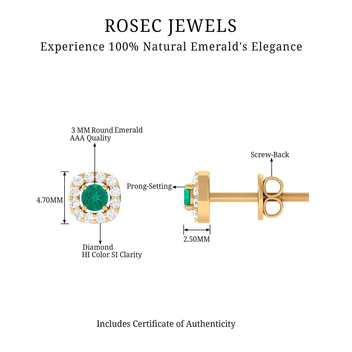 Emerald Halo Earrings – 3mm AAA Quality Emerald Studs with Diamond Halo Setting