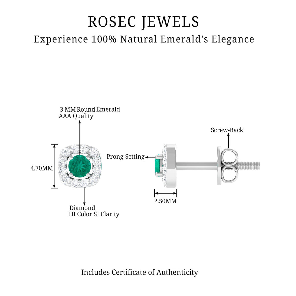 Emerald Halo Earrings – 3mm AAA Quality Emerald Studs with Diamond Halo Setting