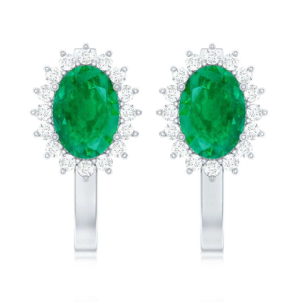 Emerald Halo Earrings - Oval Cut Emerald Stud Earrings with Diamond Halo, 1.43 Carat
