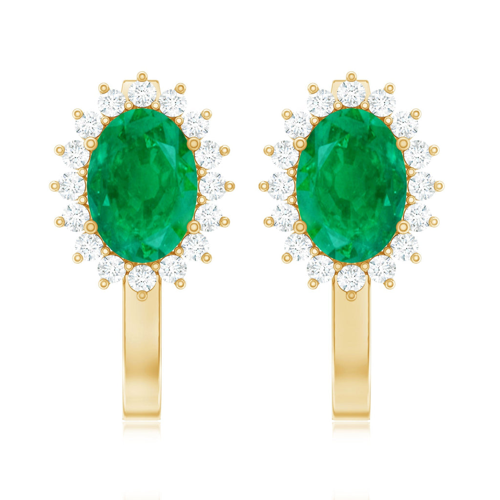 Emerald Halo Earrings - Oval Cut Emerald Stud Earrings with Diamond Halo, 1.43 Carat