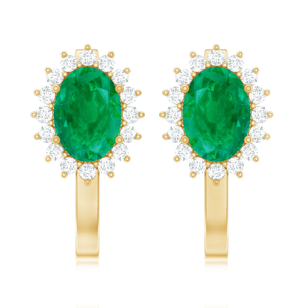 Emerald Halo Earrings - Oval Cut Emerald Stud Earrings with Diamond Halo, 1.43 Carat