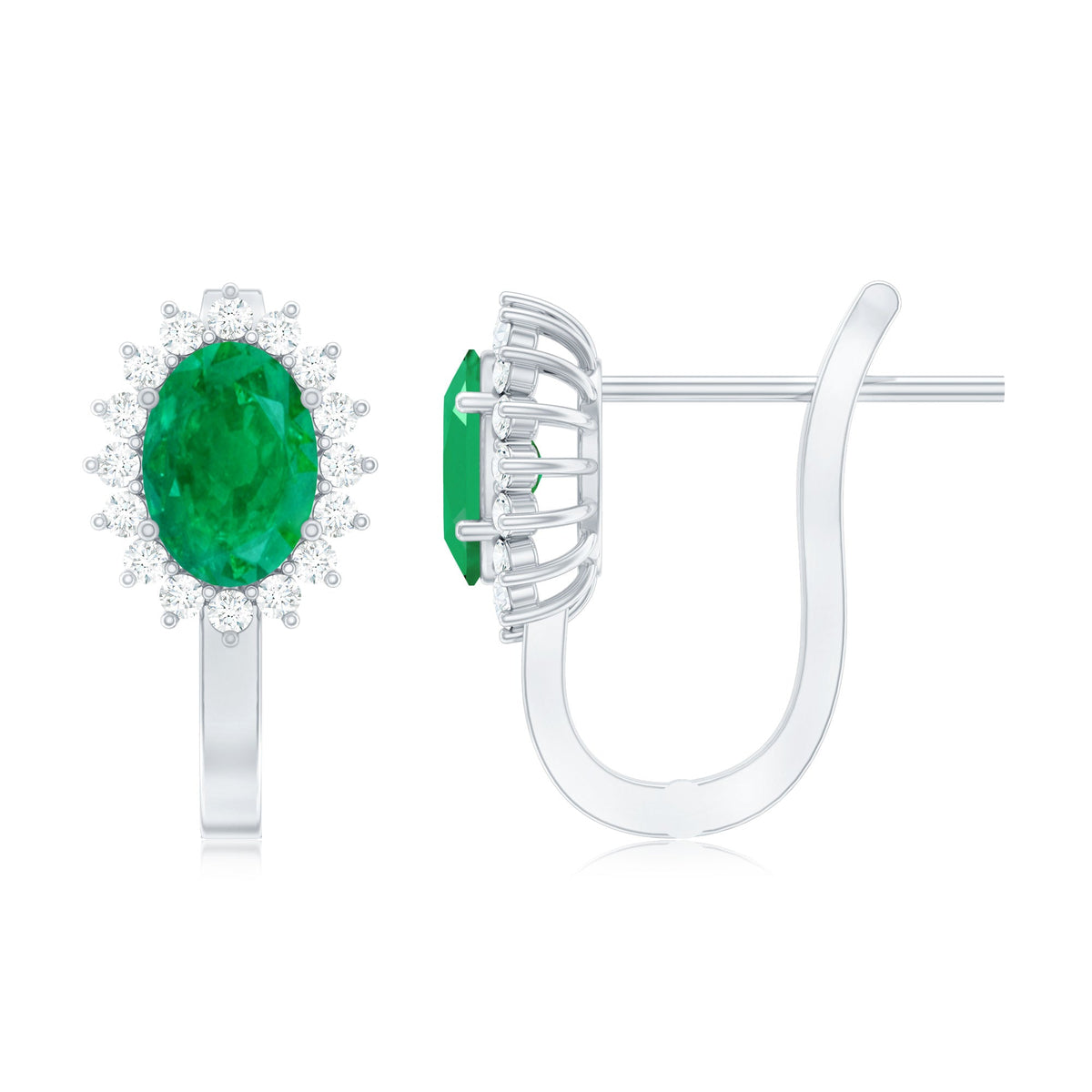 Emerald Halo Earrings - Oval Cut Emerald Stud Earrings with Diamond Halo, 1.43 Carat
