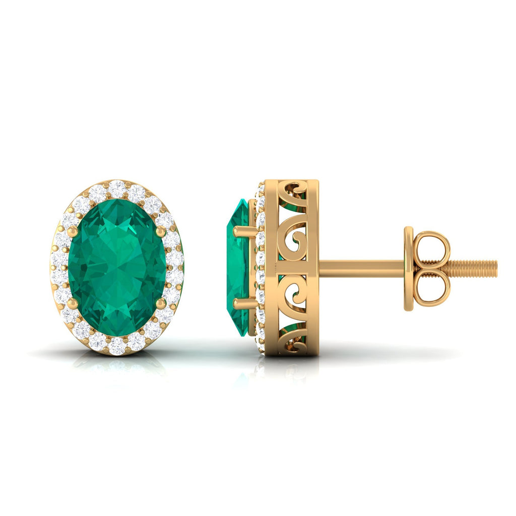 Emerald Halo Earrings – Oval Emerald Studs with Diamond Halo & Secure Screw Backs