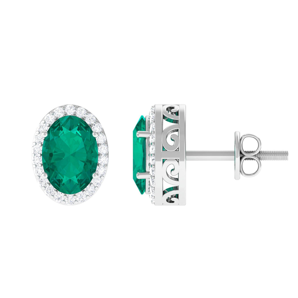 Emerald Halo Earrings – Oval Emerald Studs with Diamond Halo & Secure Screw Backs