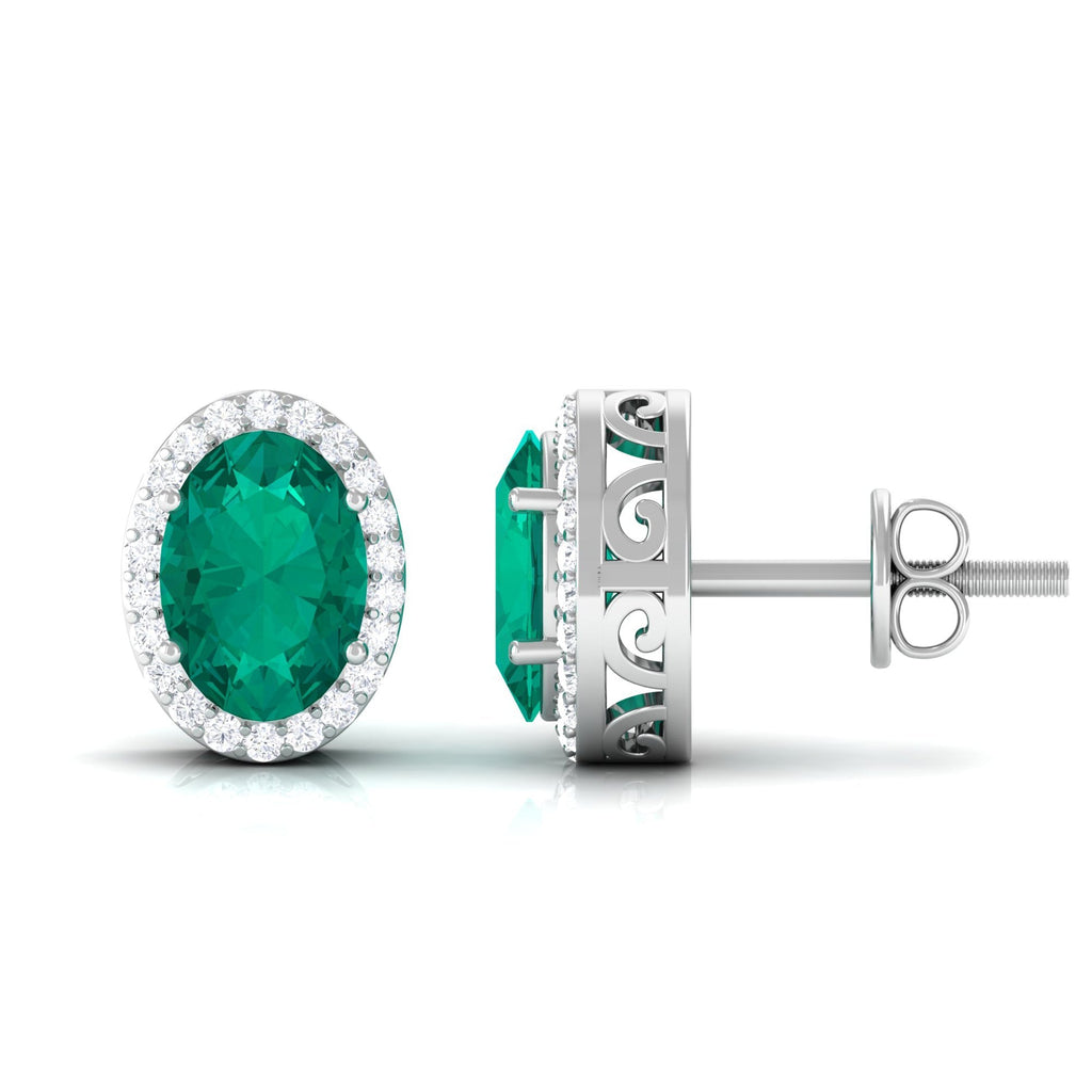 Emerald Halo Earrings – Oval Emerald Studs with Diamond Halo & Secure Screw Backs
