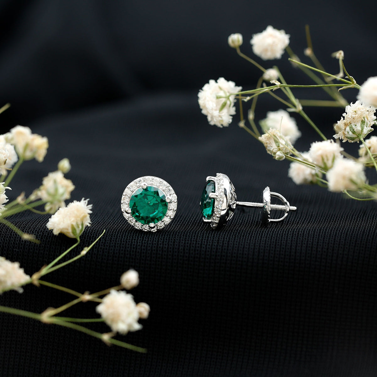 Emerald Halo Stud Earrings – Lab Created Emerald & Moissanite 14K White Gold