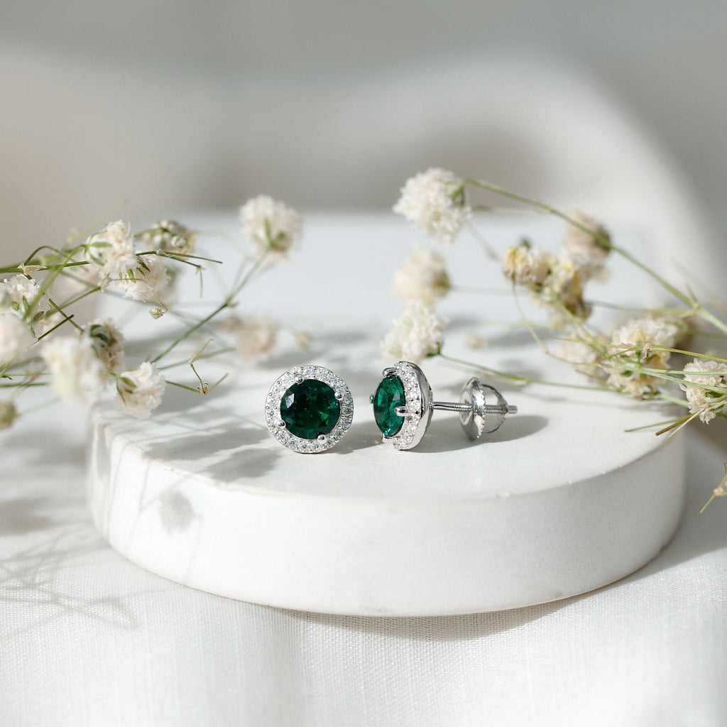 Emerald Halo Stud Earrings – Lab Created Emerald & Moissanite 14K White Gold