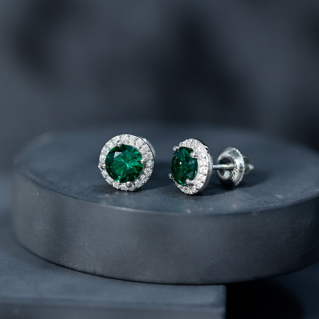 Emerald Halo Stud Earrings – Lab Created Emerald & Moissanite 14K White Gold