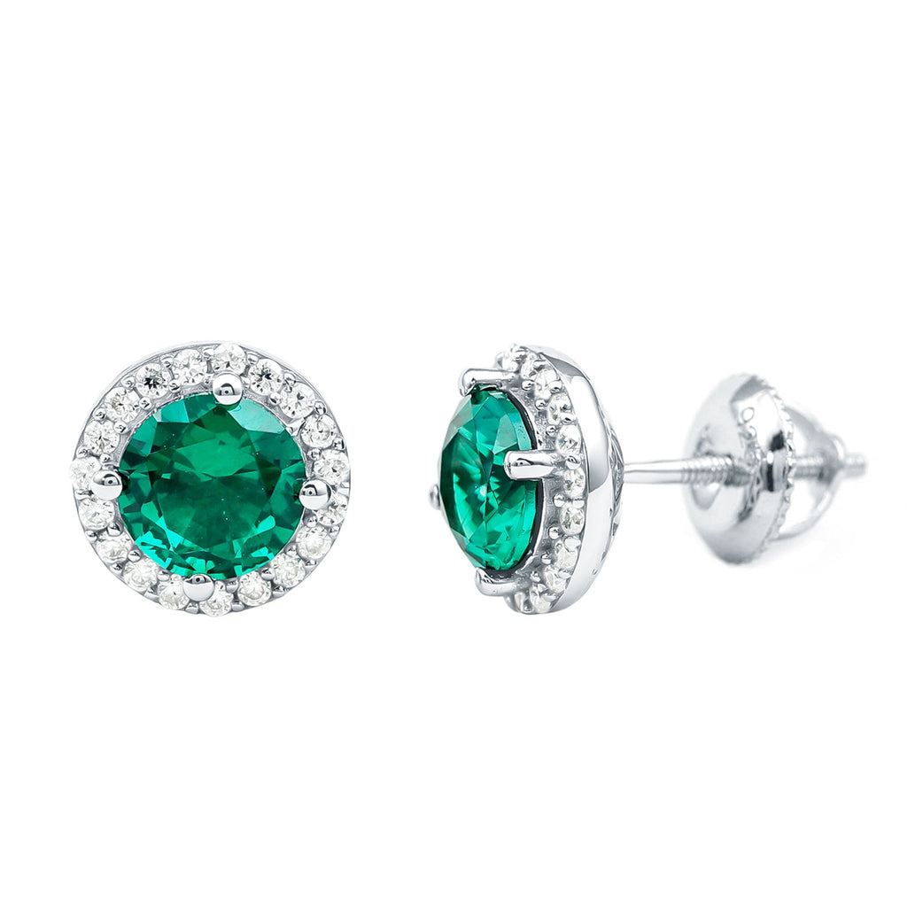 Emerald Halo Stud Earrings – Lab Created Emerald & Moissanite 14K White Gold