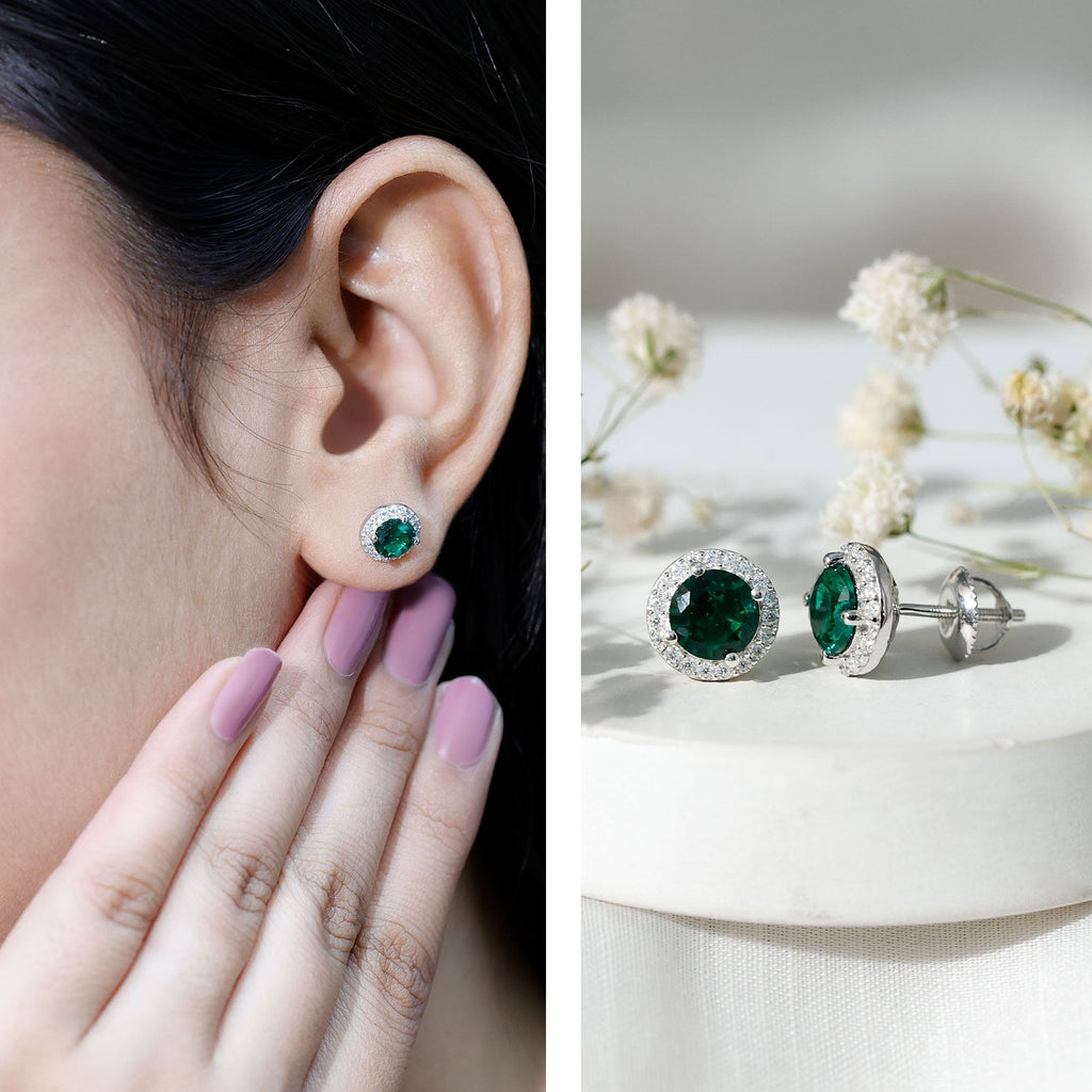 Emerald Halo Stud Earrings – Lab Created Emerald & Moissanite 14K White Gold