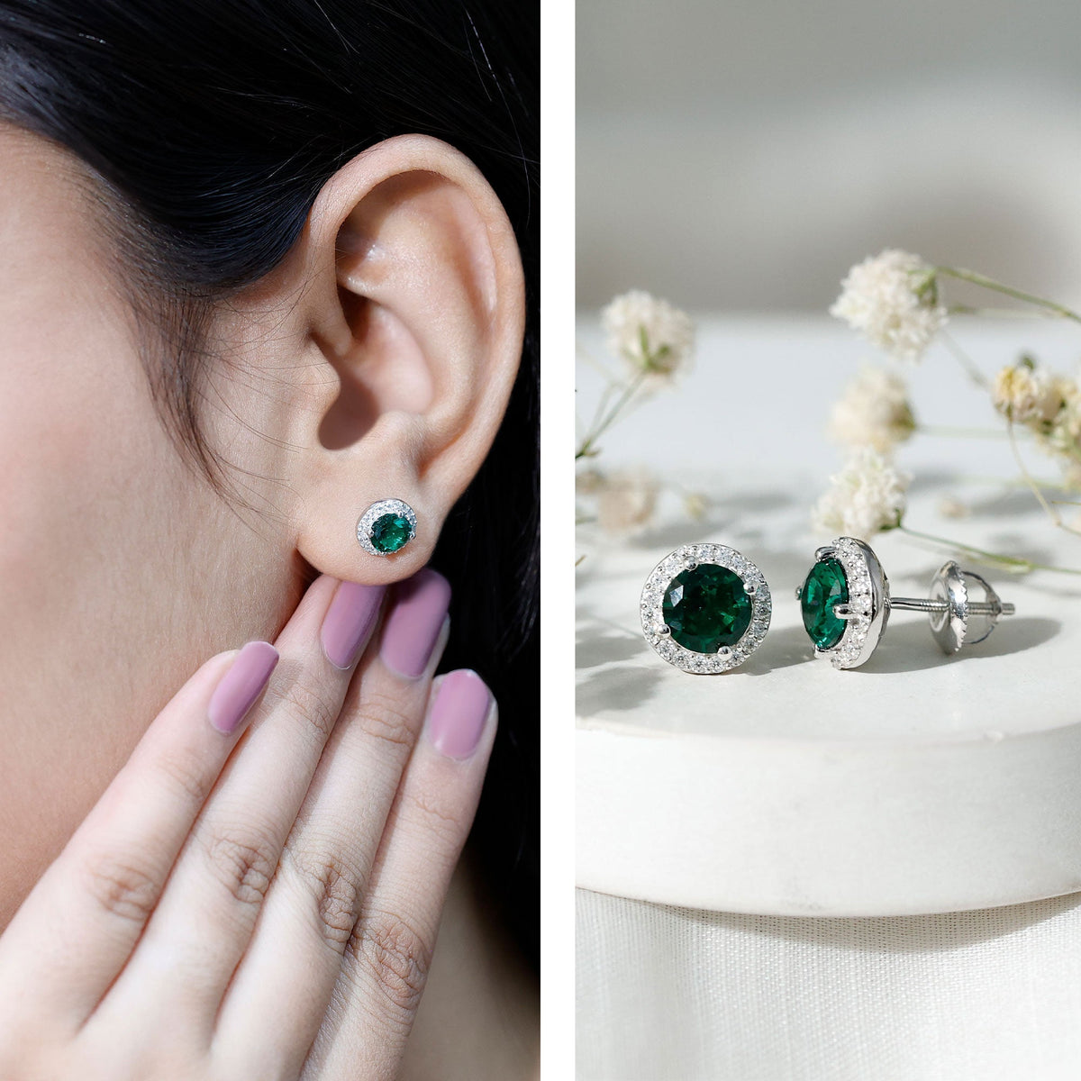 Emerald Halo Stud Earrings – Lab Created Emerald & Moissanite 14K White Gold