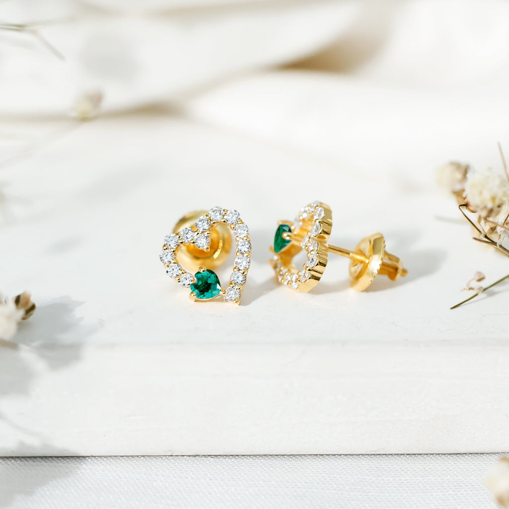 Emerald Heart Earrings – Lab Created Emerald & Diamond Studs in 14K Gold