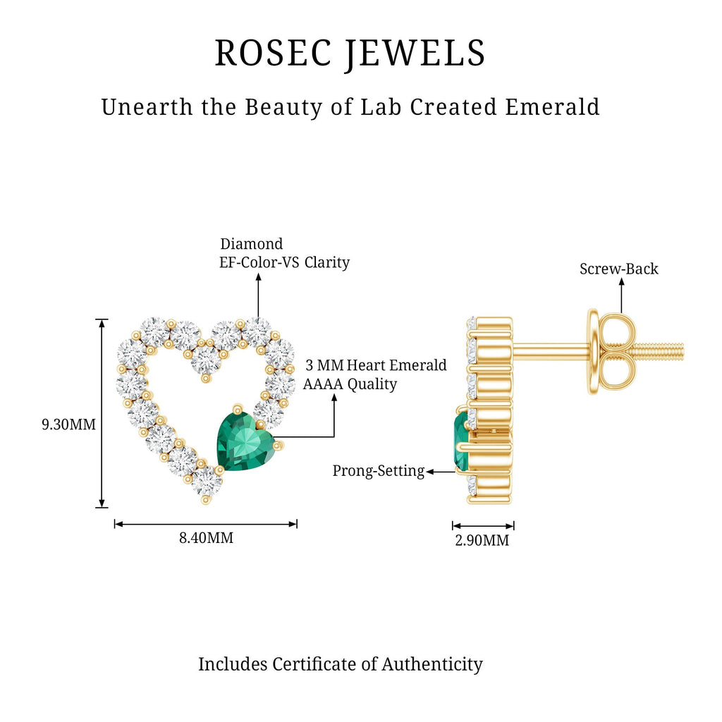 Emerald Heart Earrings – Lab Created Emerald & Diamond Studs in 14K Gold