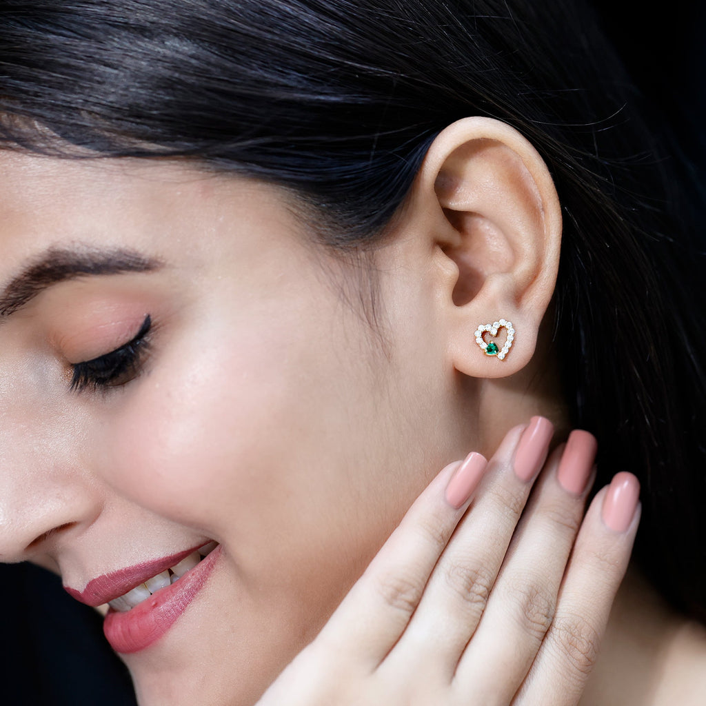 Emerald Heart Earrings – Lab Created Emerald & Diamond Studs in 14K Gold
