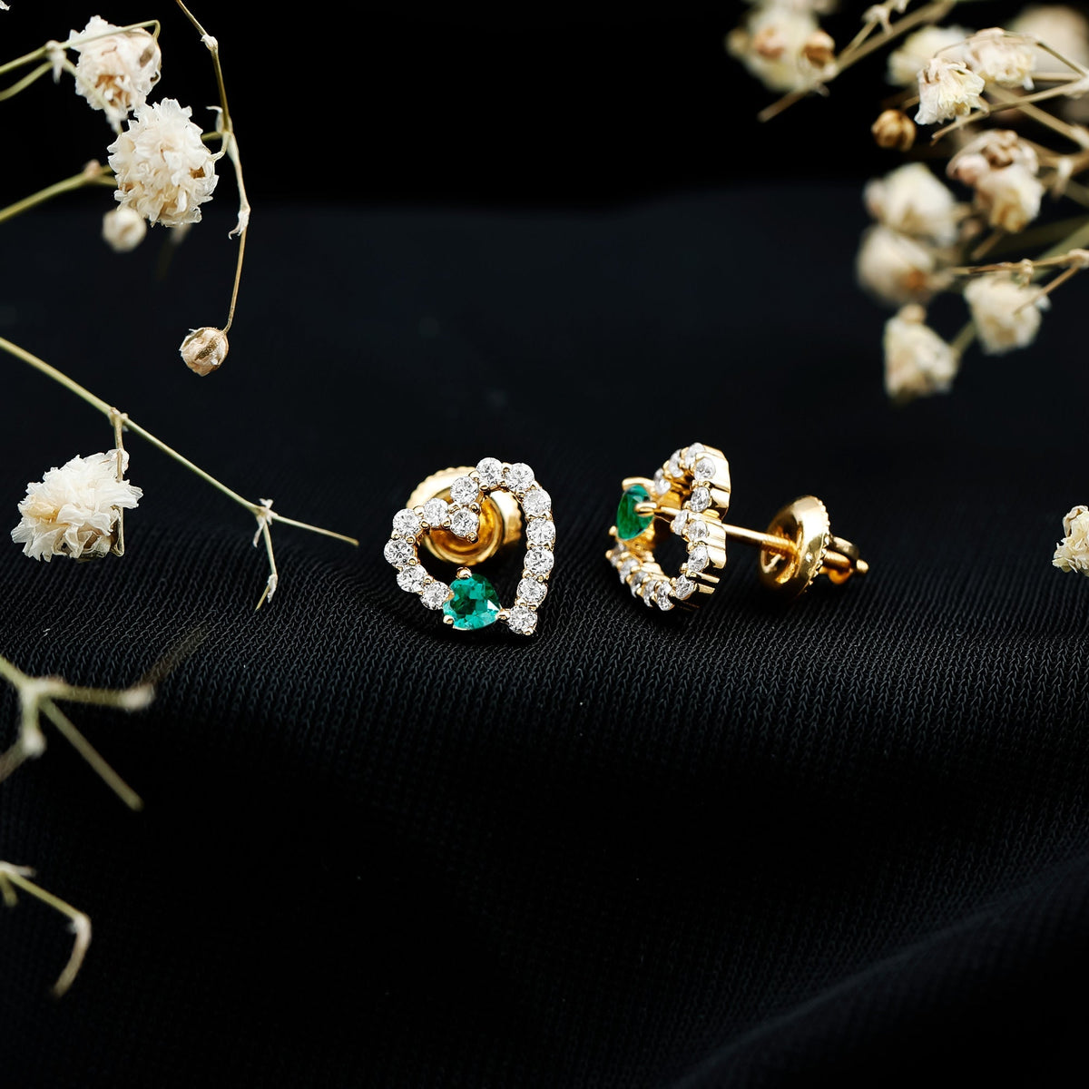 Emerald Heart Earrings – Lab Created Emerald & Diamond Studs in 14K Gold