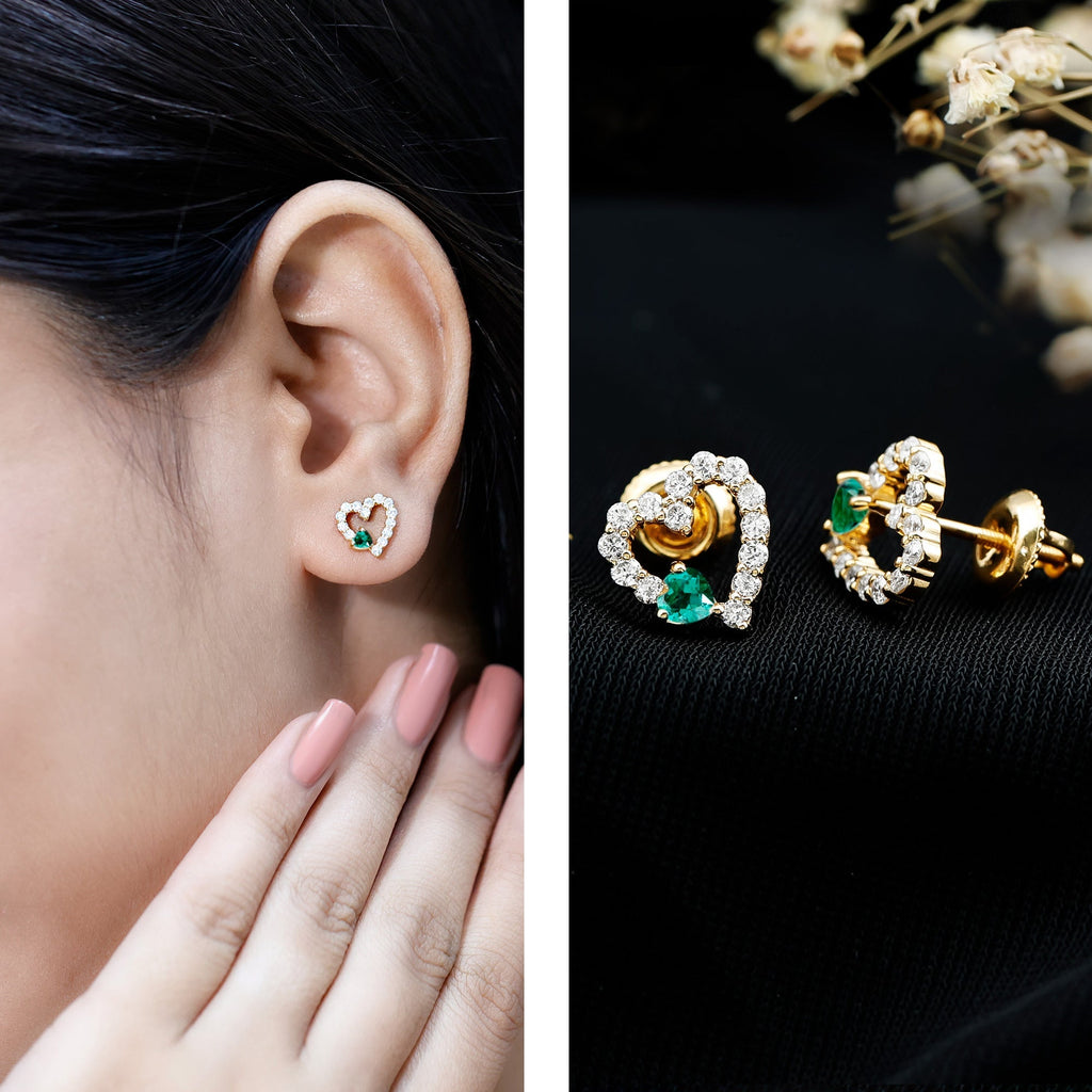 Emerald Heart Earrings – Lab Created Emerald & Diamond Studs in 14K Gold