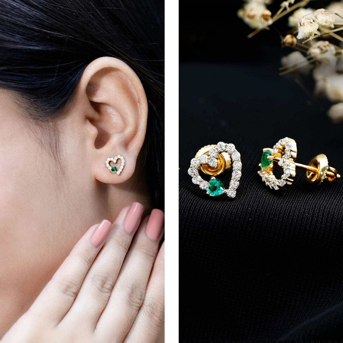 Emerald Heart Earrings – Lab Created Emerald & Diamond Studs in 14K Gold