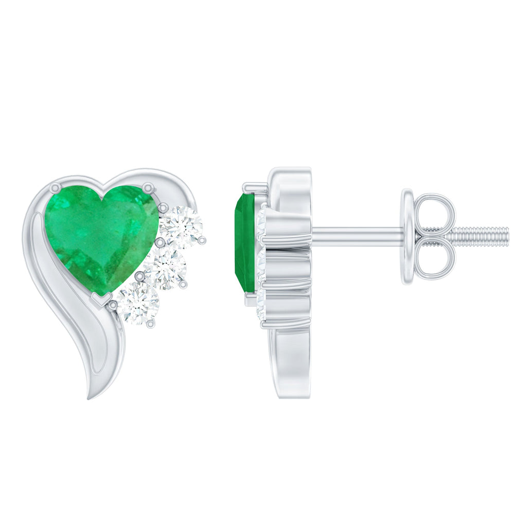 Emerald Heart Earrings – Real Emerald Studs with Diamond Studs, Prong Setting