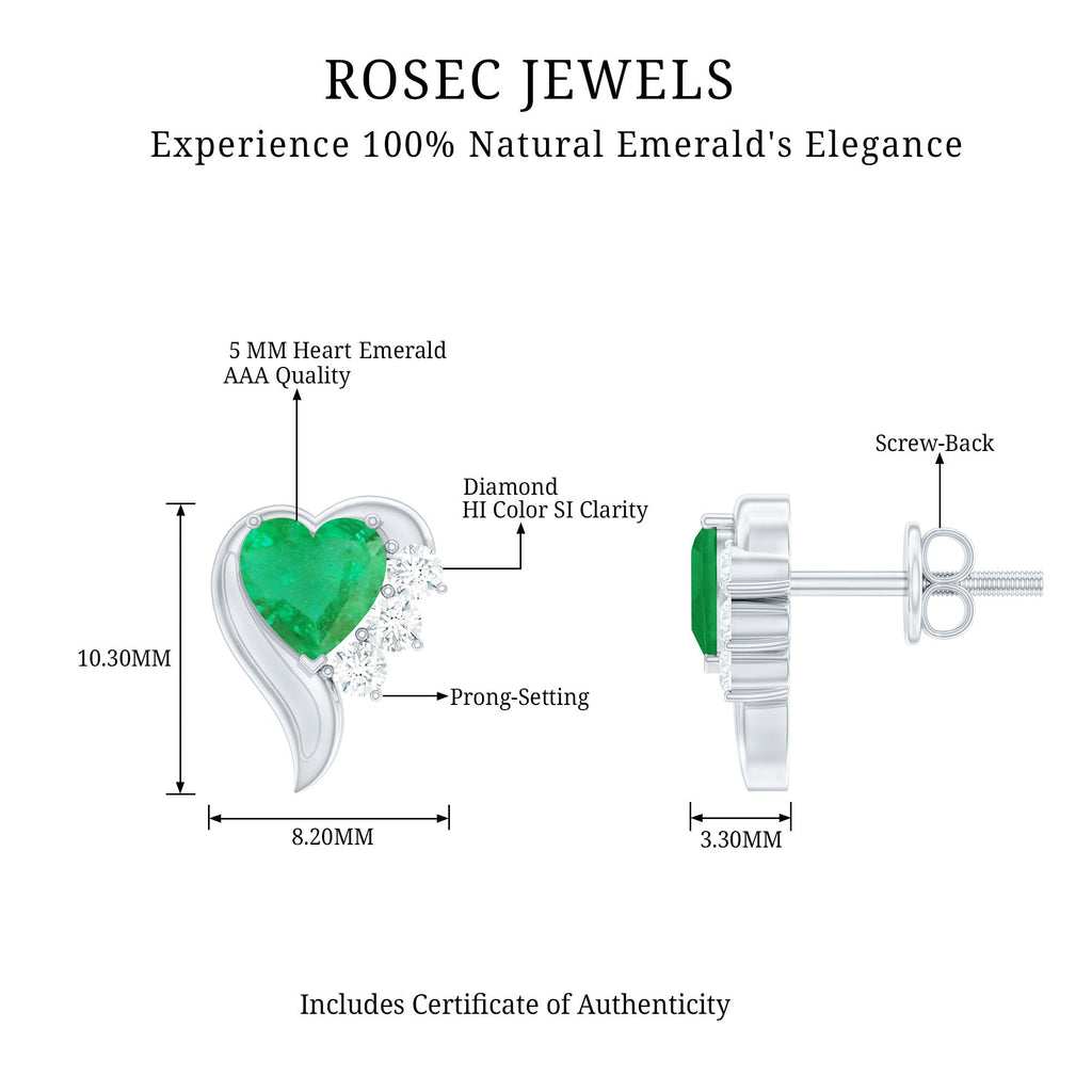 Emerald Heart Earrings – Real Emerald Studs with Diamond Studs, Prong Setting