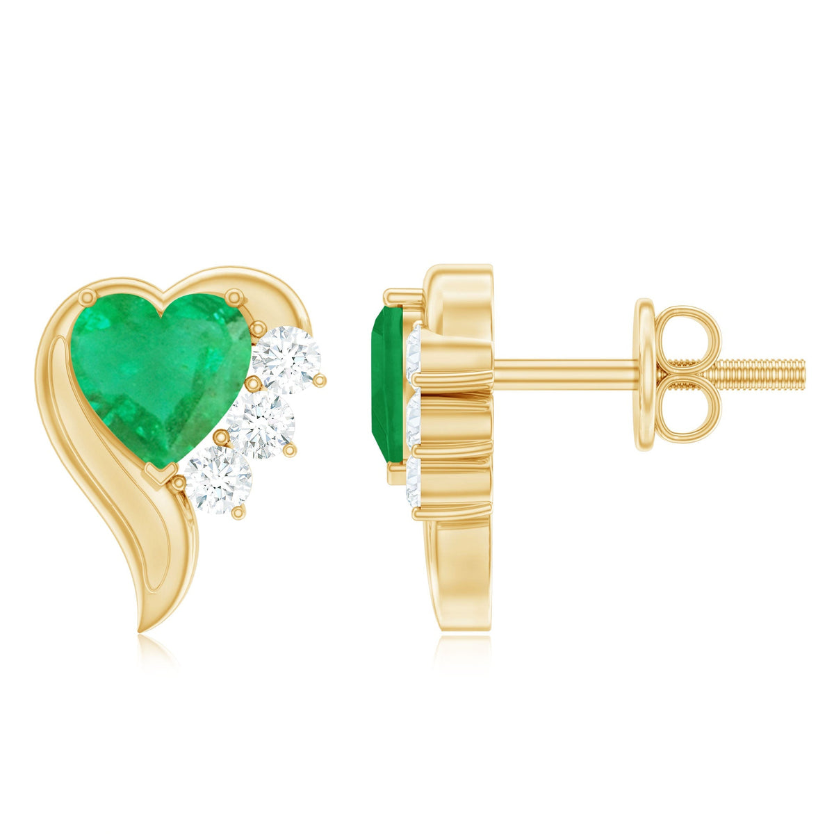Emerald Heart Earrings – Real Emerald Studs with Diamond Studs, Prong Setting