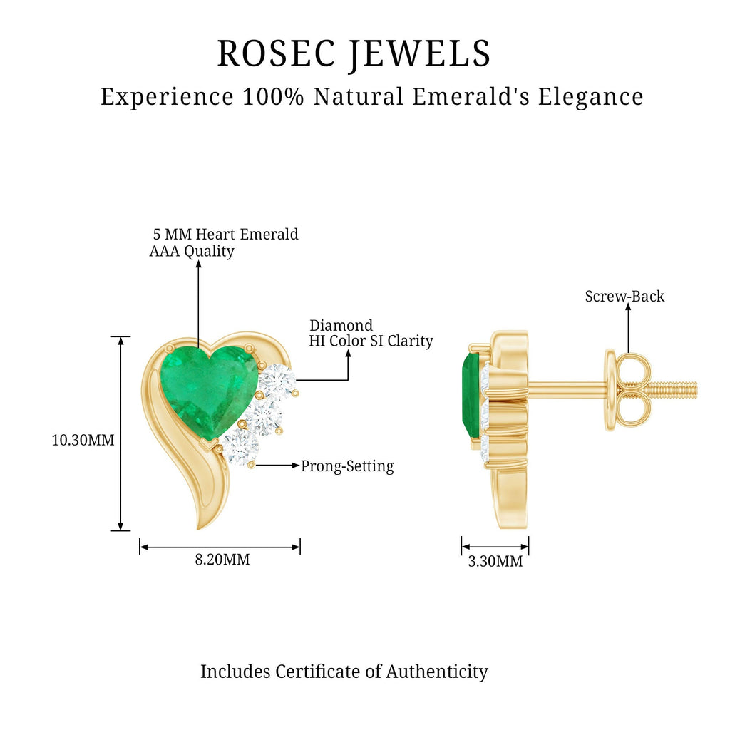 Emerald Heart Earrings – Real Emerald Studs with Diamond Studs, Prong Setting