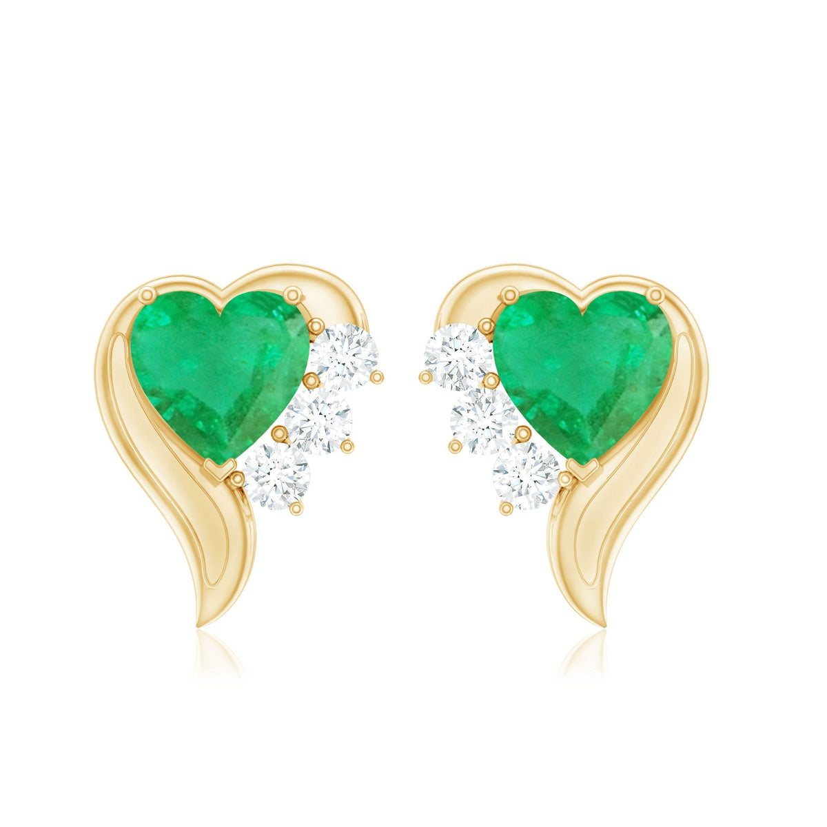 Emerald Heart Earrings – Real Emerald Studs with Diamond Studs, Prong Setting