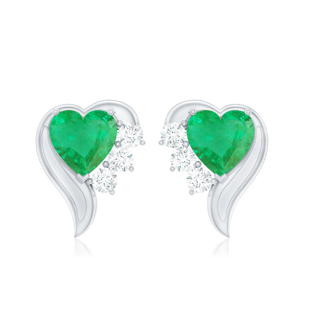 Emerald Heart Earrings – Real Emerald Studs with Diamond Studs, Prong Setting