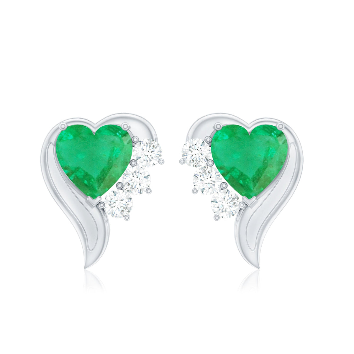 Emerald Heart Earrings – Real Emerald Studs with Diamond Studs, Prong Setting