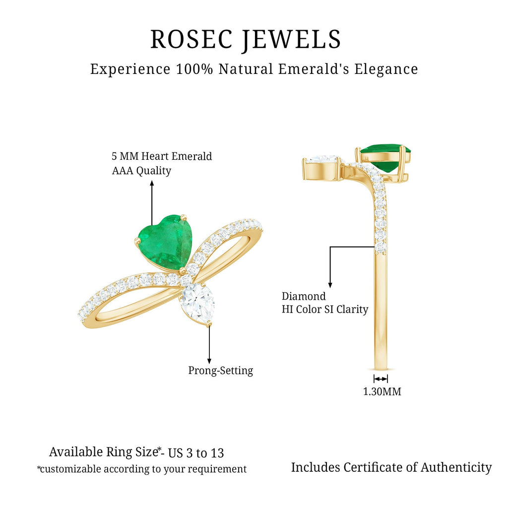 Emerald Heart Engagement Ring – Designer V Shaped Band with Diamond Sparkle