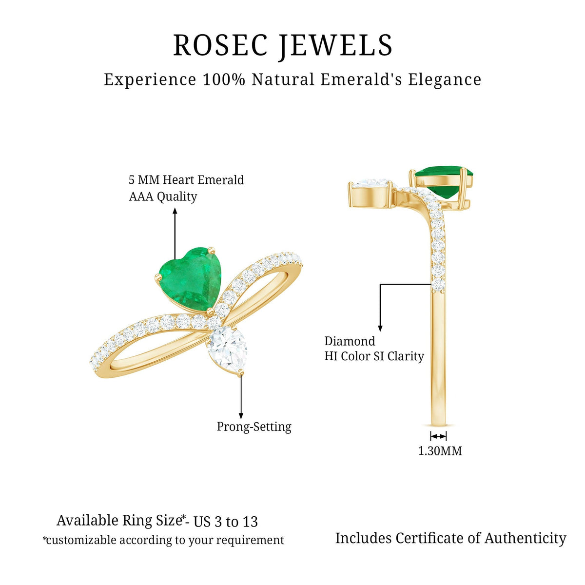 Emerald Heart Engagement Ring – Designer V Shaped Band with Diamond Sparkle