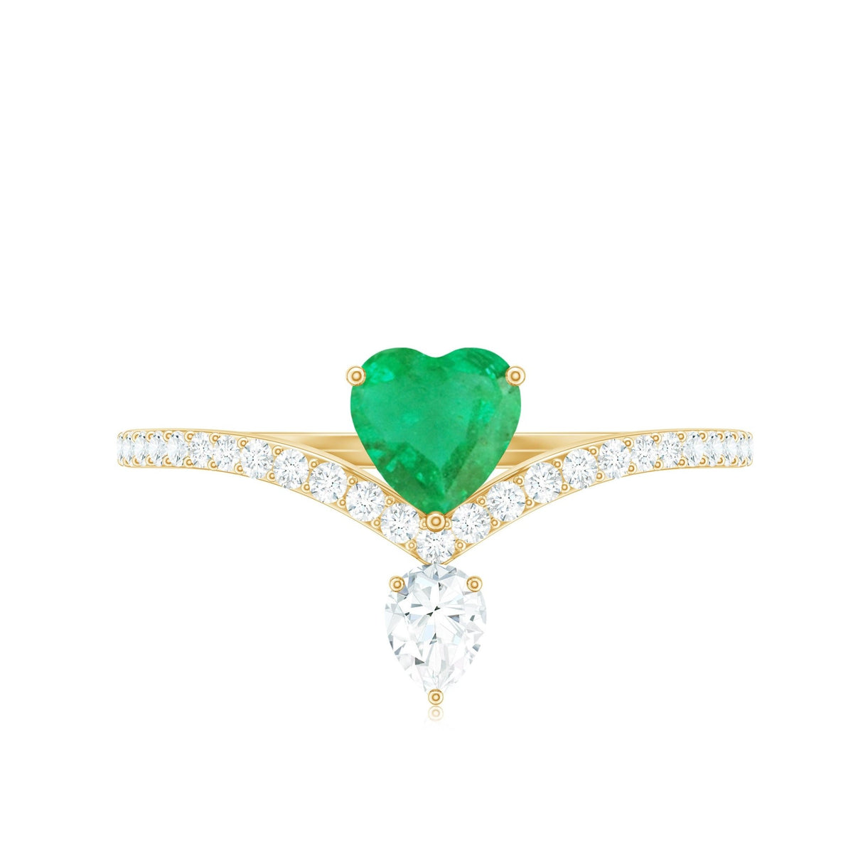 Emerald Heart Engagement Ring – Designer V Shaped Band with Diamond Sparkle