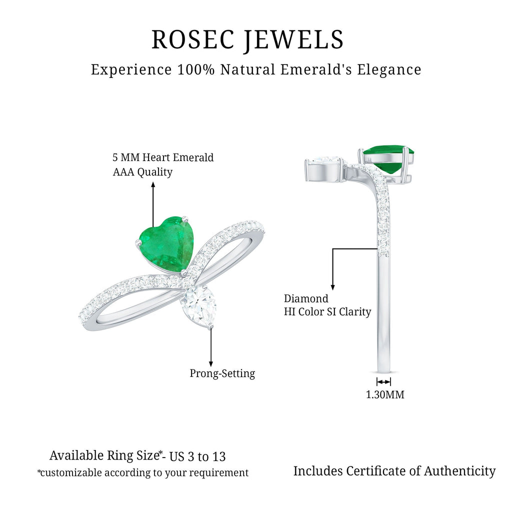 Emerald Heart Engagement Ring – Designer V Shaped Band with Diamond Sparkle