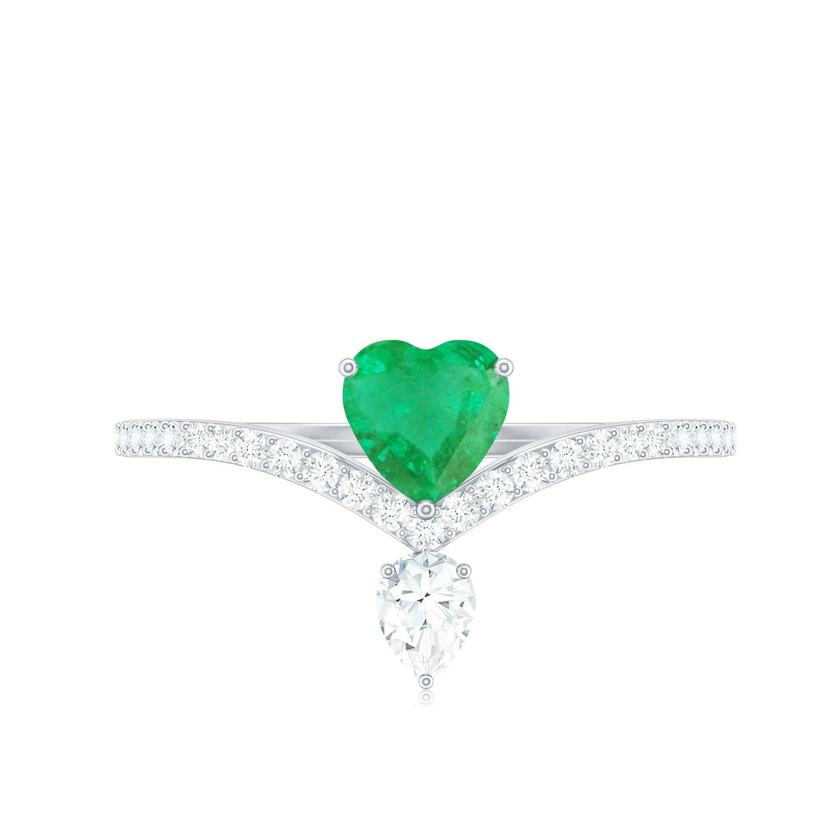Emerald Heart Engagement Ring – Designer V Shaped Band with Diamond Sparkle