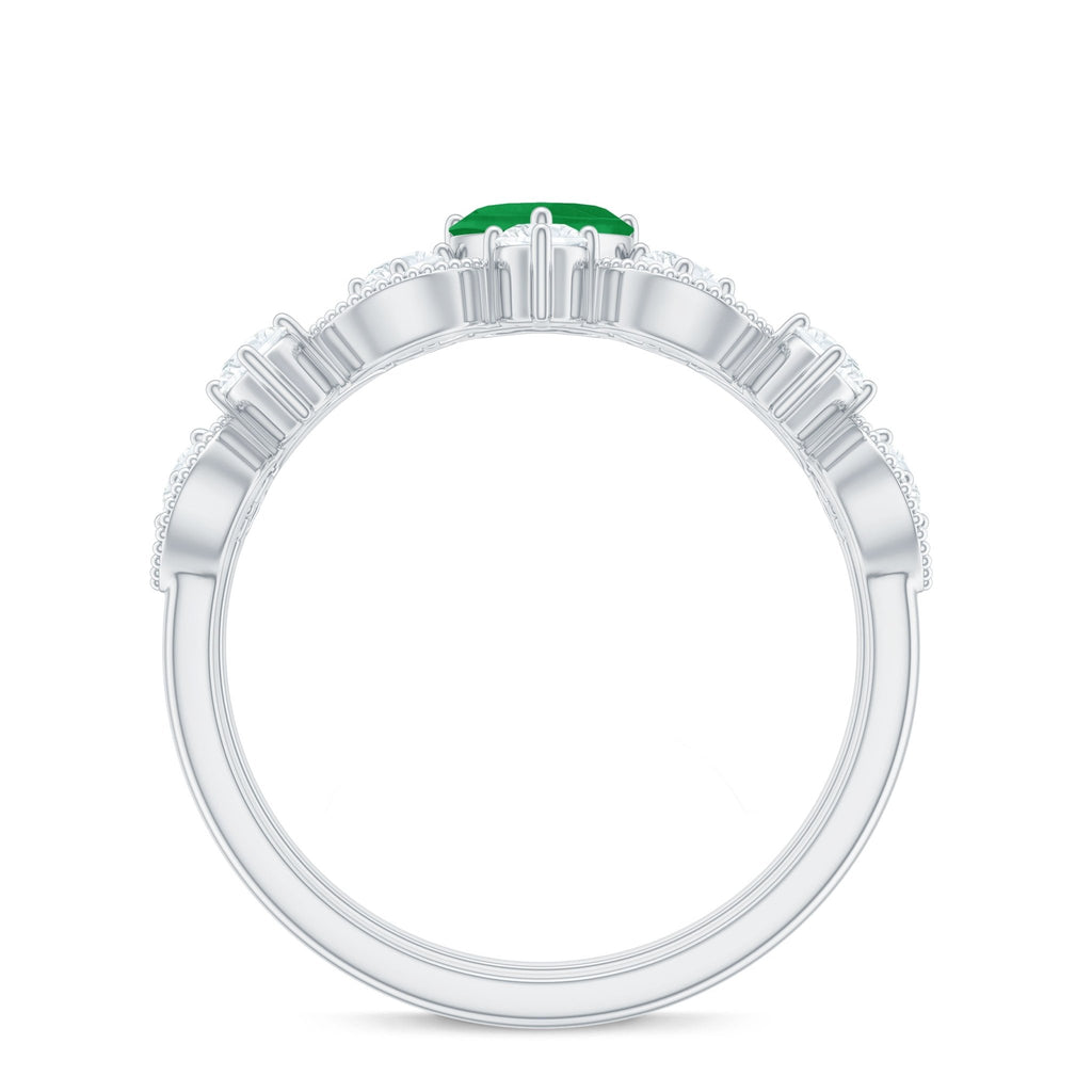 Emerald Heart Engagement Ring - Diamond Wedding Band Vintage Set with Beaded Detailing