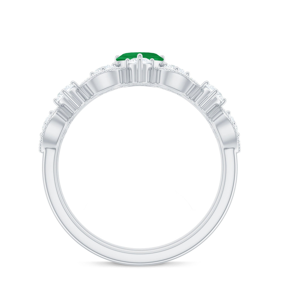Emerald Heart Engagement Ring - Diamond Wedding Band Vintage Set with Beaded Detailing