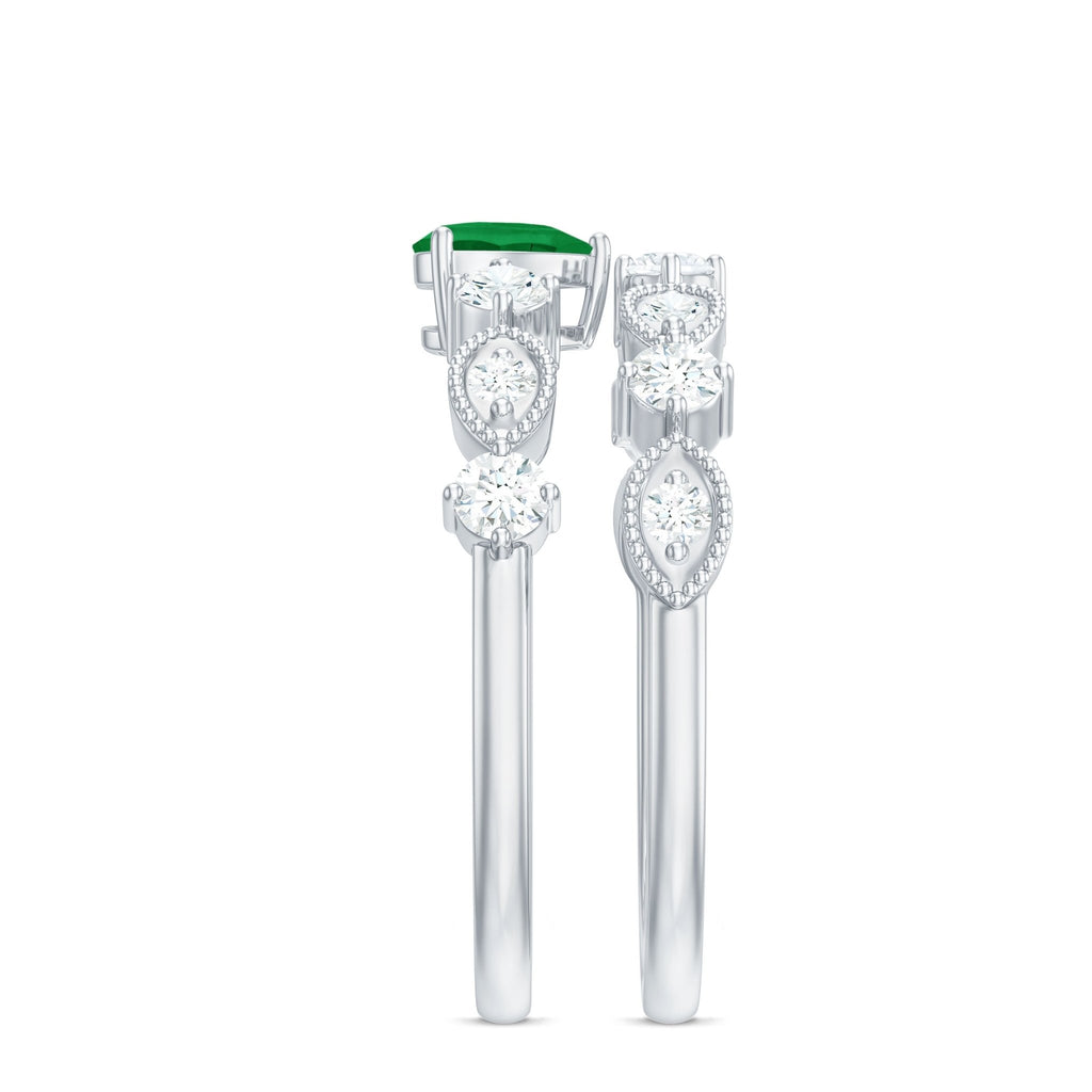 Emerald Heart Engagement Ring - Diamond Wedding Band Vintage Set with Beaded Detailing