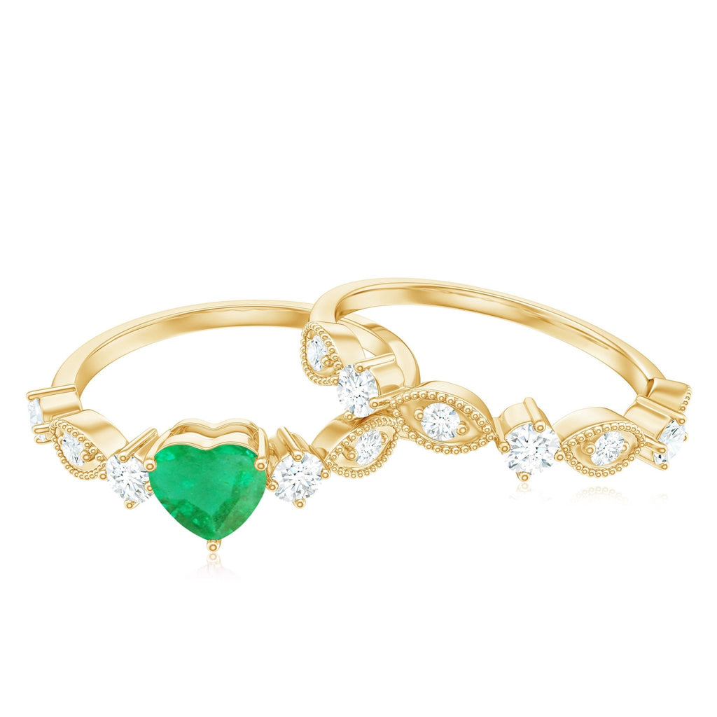 Emerald Heart Engagement Ring - Diamond Wedding Band Vintage Set with Beaded Detailing