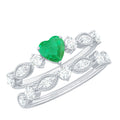 Emerald Heart Engagement Ring - Diamond Wedding Band Vintage Set with Beaded Detailing