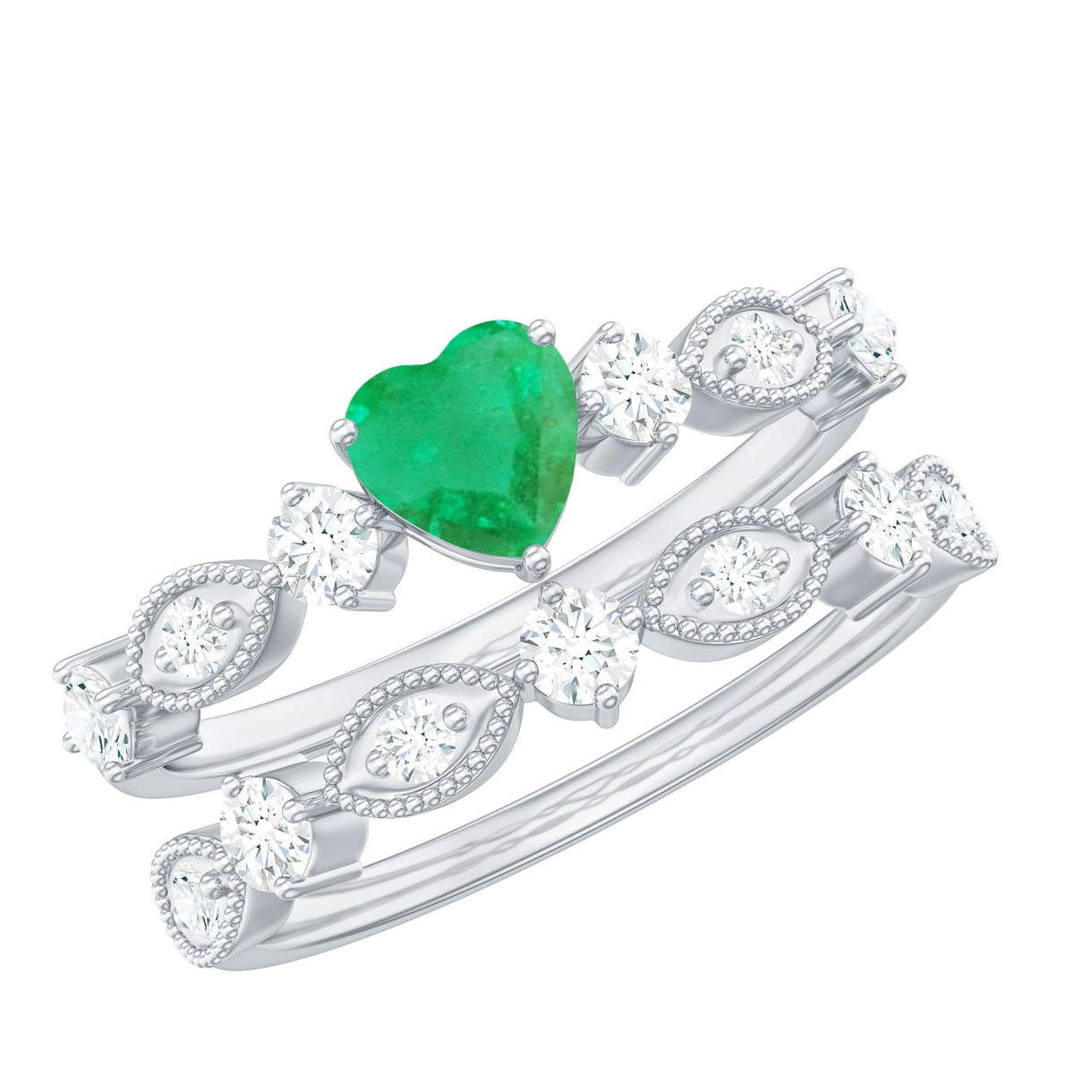 Emerald Heart Engagement Ring - Diamond Wedding Band Vintage Set with Beaded Detailing