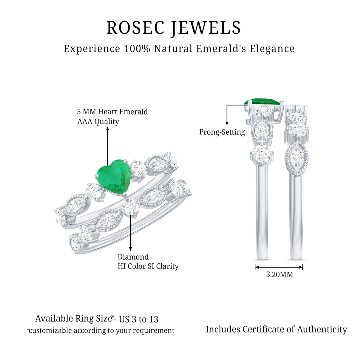 Emerald Heart Engagement Ring - Diamond Wedding Band Vintage Set with Beaded Detailing