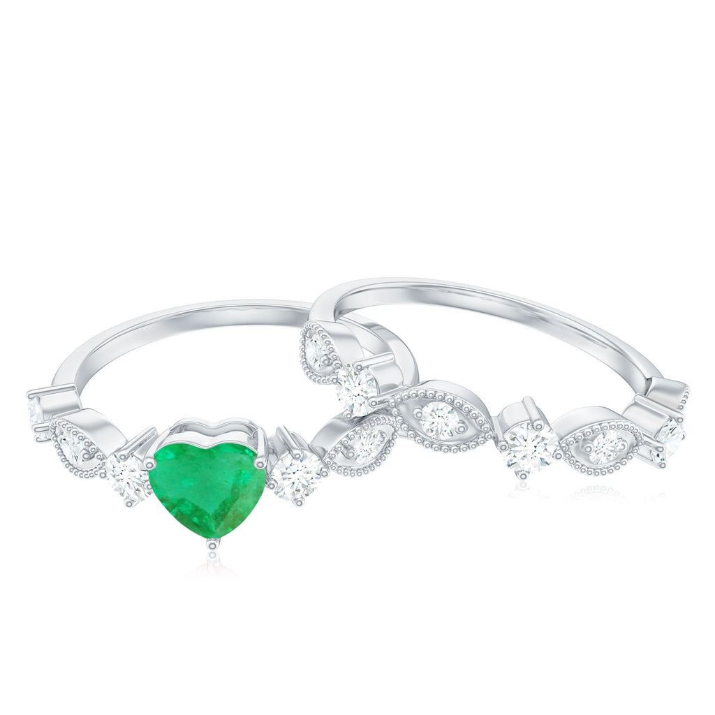 Emerald Heart Engagement Ring - Diamond Wedding Band Vintage Set with Beaded Detailing
