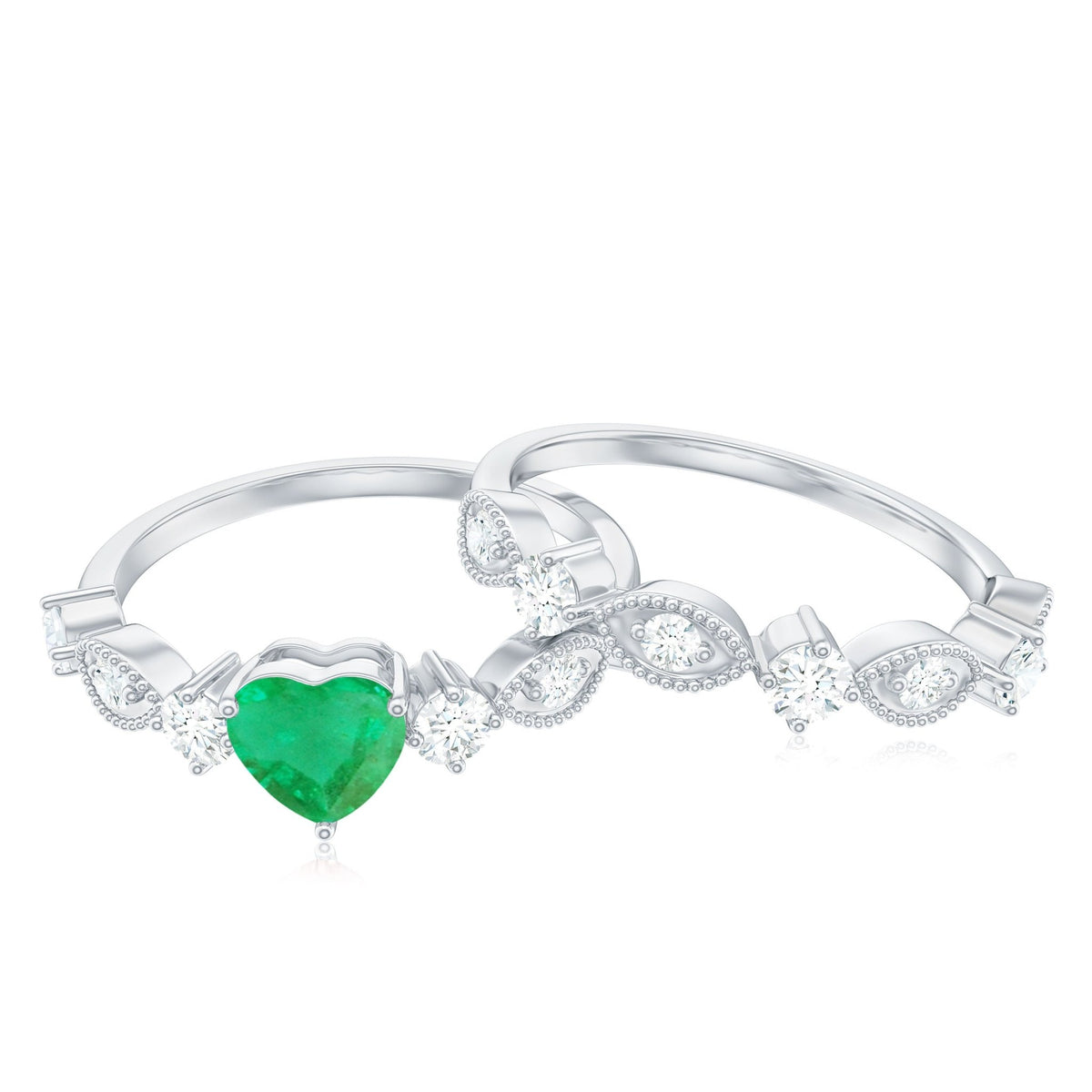 Emerald Heart Engagement Ring - Diamond Wedding Band Vintage Set with Beaded Detailing