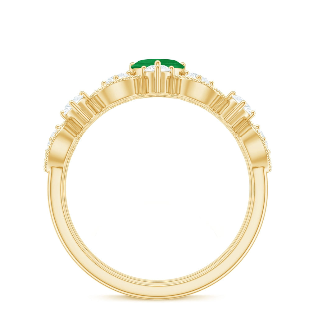 Emerald Heart Engagement Ring - Diamond Wedding Band Vintage Set with Beaded Detailing