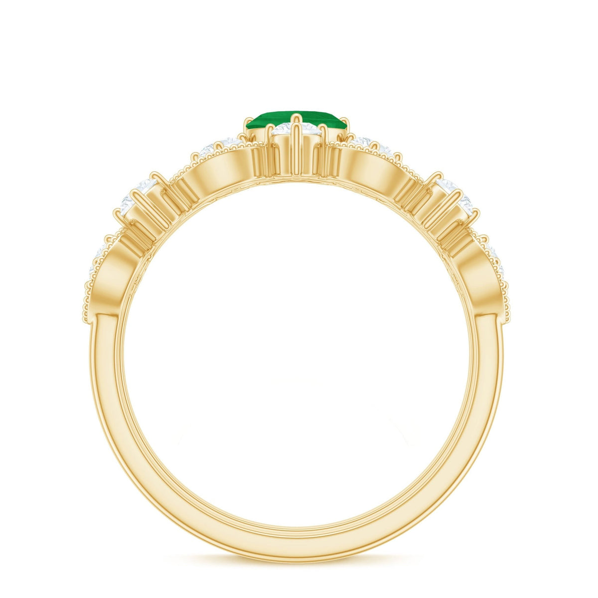 Emerald Heart Engagement Ring - Diamond Wedding Band Vintage Set with Beaded Detailing