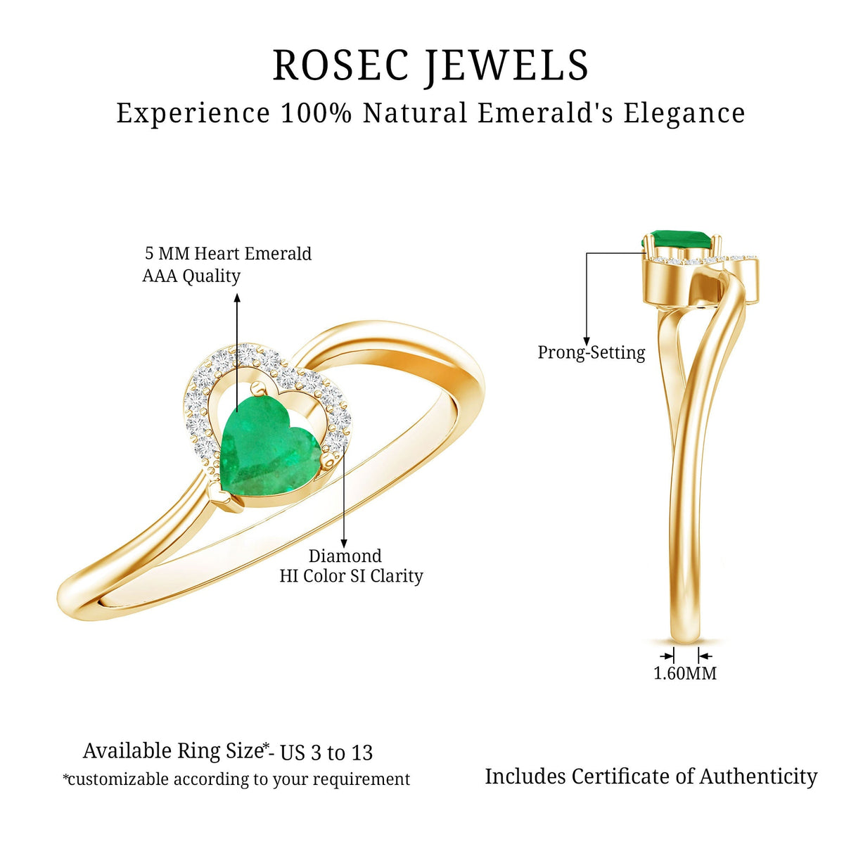 Emerald Heart Promise Ring - Natural AAA Quality Emerald, Diamond Curved Band